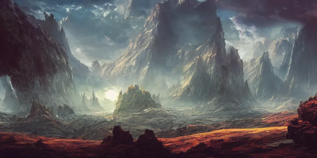 Image similar to stunning fantasy landscape, alien world, very detailed, 8k, trending on artstation