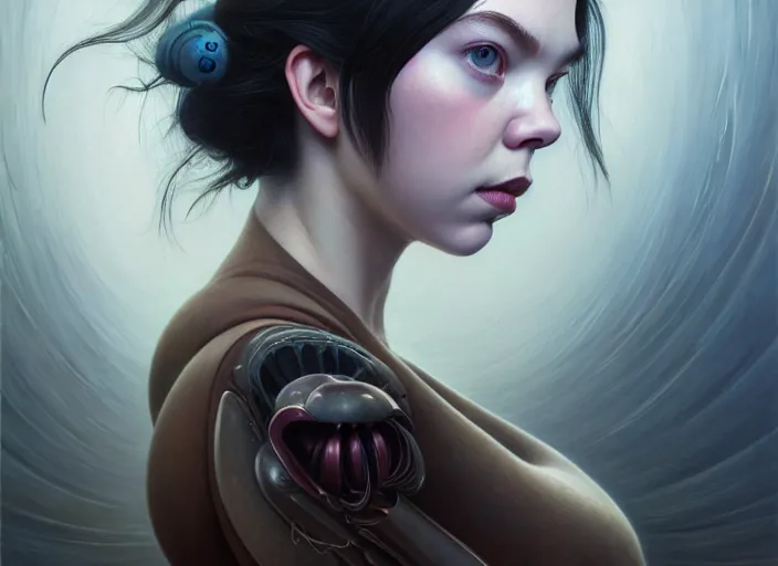 Prompt: portrait shot of anya taylor - joy in ghost in the shell, intricate, elegant, highly detailed, centered, digital painting, artstation, concept art, smooth, sharp focus, illustration, artgerm, tomasz alen kopera, peter mohrbacher, donato giancola, joseph christian leyendecker, wlop, boris vallejo biomechanical