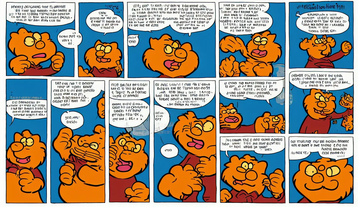 Image similar to garfield comic strip, 3 panels, illustrated by Jim Davis