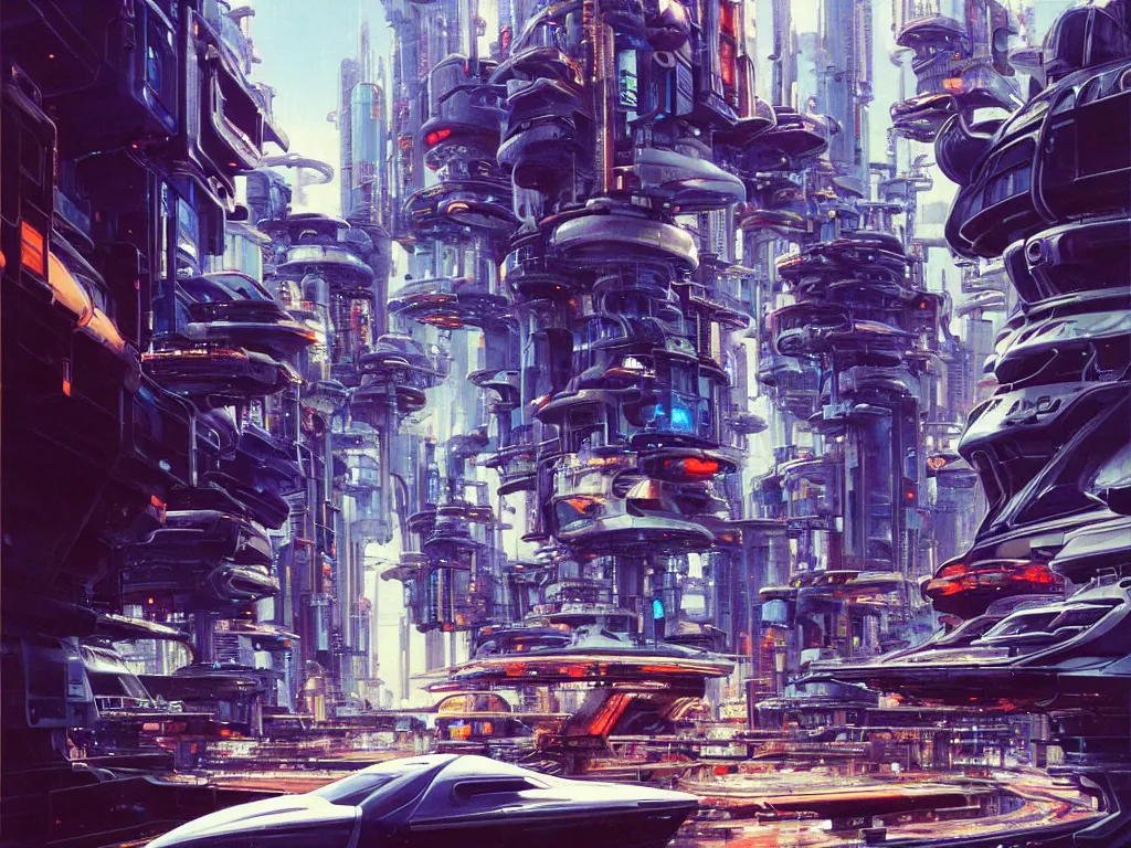 Prompt: hyperrealistic painting of a slice of life from a futuristic city, mechanical designs, futuristic vehicles, technological, detailed engineering, vivid color, elegant, meticulous, cinematic, cyberpunk style, highly detailed, realism, intricate, acrylic on canvas, 8 k resolution, concept art, by noriyoshi ohrai, john berkey, moebius