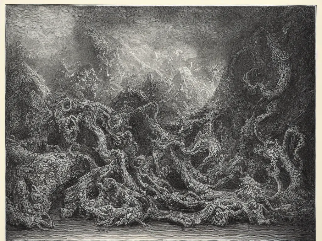 Prompt: black and white, A dark room with a large colored snake in the center of it. Gustave Dore lithography