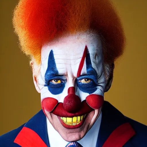 Image similar to UHD candid photo of Joe Biden dressed as a clown, wearing accurate clown makeup, accurate face, UHD, photorealistic, correct face, photo by Annie Leibowitz