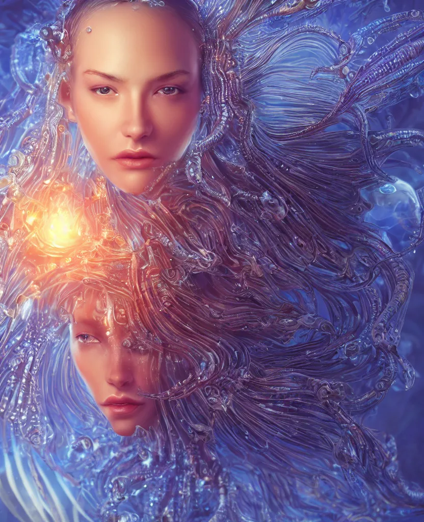 Image similar to close-up macro portrait of the face of a beautiful princess, epic angle and pose, symmetrical artwork, 3d with depth of field, blurred background, cybernetic jellyfish female face skull phoenix bird, translucent, nautilus, energy flows of water and fire. a highly detailed epic cinematic concept art CG render. made in Maya, Blender and Photoshop, octane render, excellent composition, cinematic dystopian brutalist atmosphere, dynamic dramatic cinematic lighting, aesthetic, very inspirational, arthouse. y Greg Rutkowski, Ilya Kuvshinov, WLOP, Stanley Artgerm Lau, Ruan Jia and Fenghua Zhong