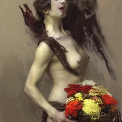 Prompt: A shy satyr holding a bundle of flowers. By Craig Mullins. By Ilya Repin. By Ruan Jia.