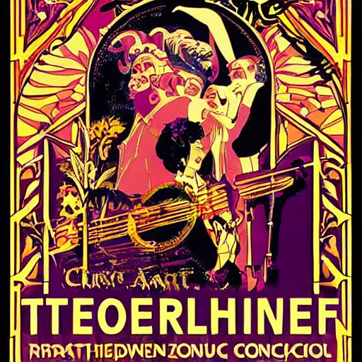 Image similar to art nouveau concert poster, 8 0 s, techno, house music