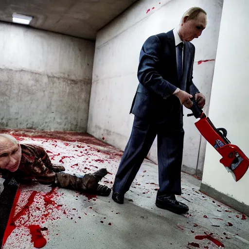 Image similar to putin with a chainsaw and a corpse. in a concrete bunker. focus on putins face with blood splatters. canon eos r 3, f / 1. 4, iso 1 6 0 0, 1 / 8 0 s, 8 k, raw, grainy