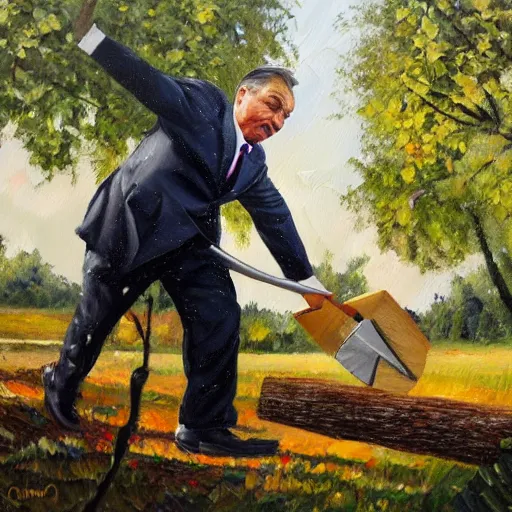 Prompt: viktor orban chopping a tree, oil painting