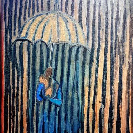 Image similar to left on seen. double checks whatsapp. blue checks. sad painting. rain. running under the rain.