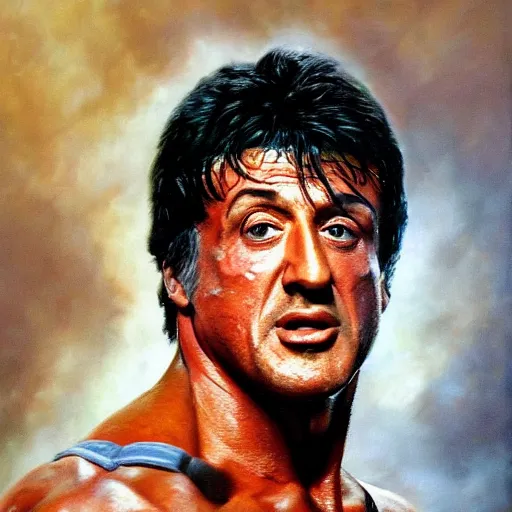 Image similar to ultra realistic portrait painting of sylvester stallone, art by frank frazetta, 4 k, ultra realistic, highly detailed, epic lighting