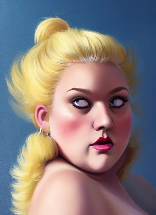 Image similar to full body teenage betty cooper, blonde hair, obese, bangs, ponytail, sultry, realistic, sultry smirk, ponytail, fluffy bangs, curly bangs, fat, belly, beautiful girl, intricate, elegant, highly detailed, digital painting, artstation, concept art, smooth, sharp focus, illustration, art by wlop, mars ravelo and greg rutkowski