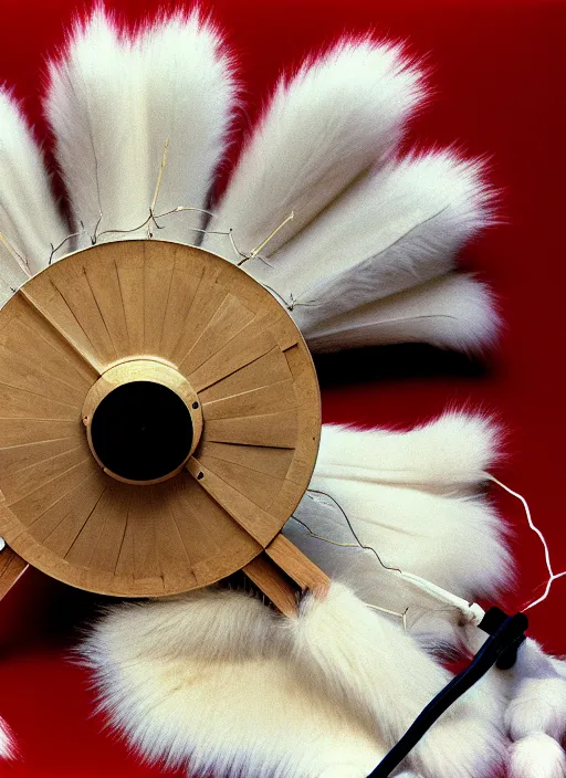 Prompt: realistic photo of a a medieval ritual chemistry appliance model fan, made of wood white clay and fur with black wires 1 9 9 0, life magazine reportage photo, natural colors, metropolitan museum collection