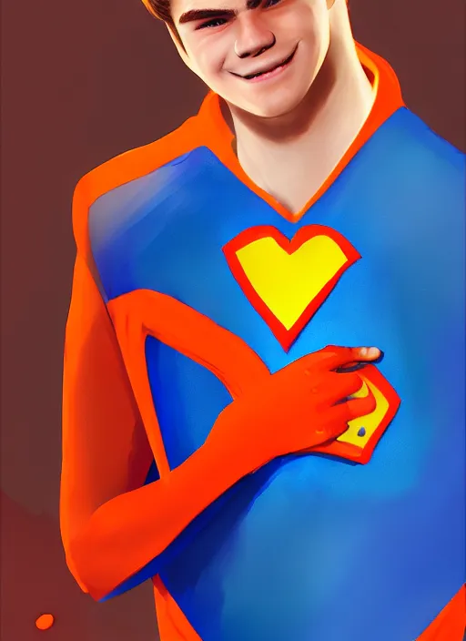 Image similar to friendly teenage archie andrews wearing an orange superhero costume with heart logo, heart, freckles, blue cape, heart emblem on chest, blue cape, intricate, elegant, glowing lights, highly detailed, digital painting, artstation, sharp focus, illustration, art by wlop, mars ravelo and greg rutkowski