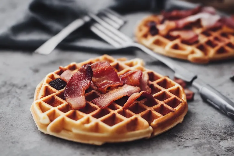 Prompt: product photography of a waffle, bacon, and knife