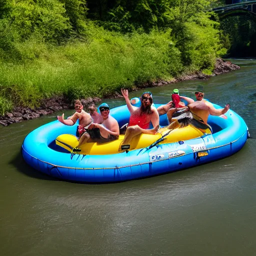 Image similar to a gang of homies having fun on a river float down the snoqualmie river with a big inflatable mallard duck, summertime, drone photography, beautiful, 8k, trending on artstation