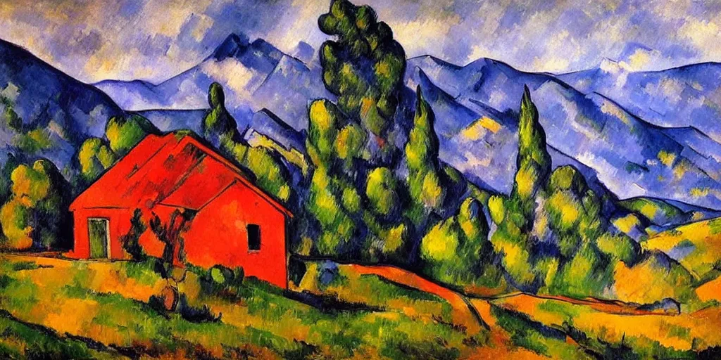 Image similar to stunning painting of landscape with an red cabin on a mountain by paul cezanne