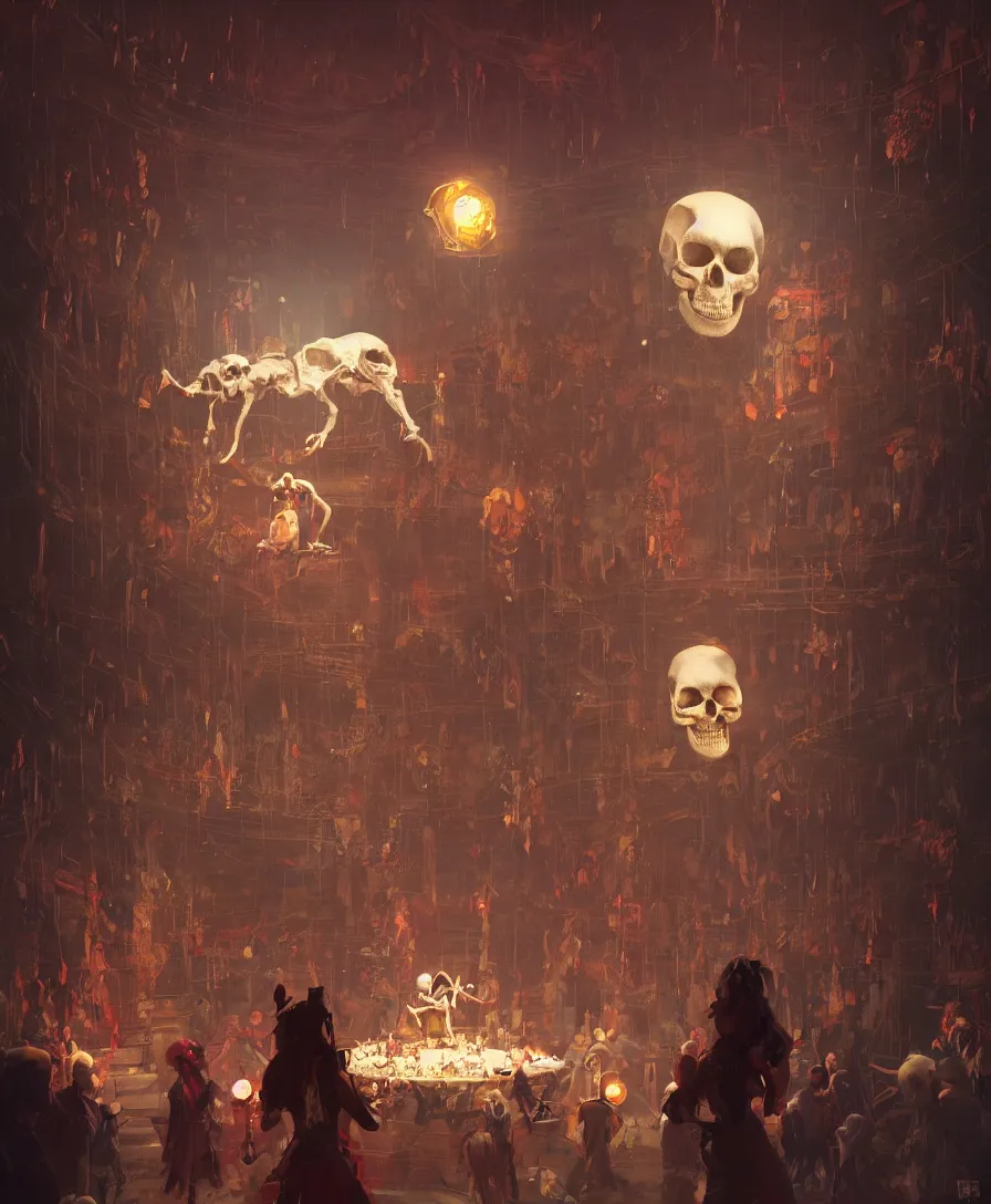 Prompt: skull clown inside a circus, cinematic lighting, Greg Rutkowski, 8k, artstation, concept art