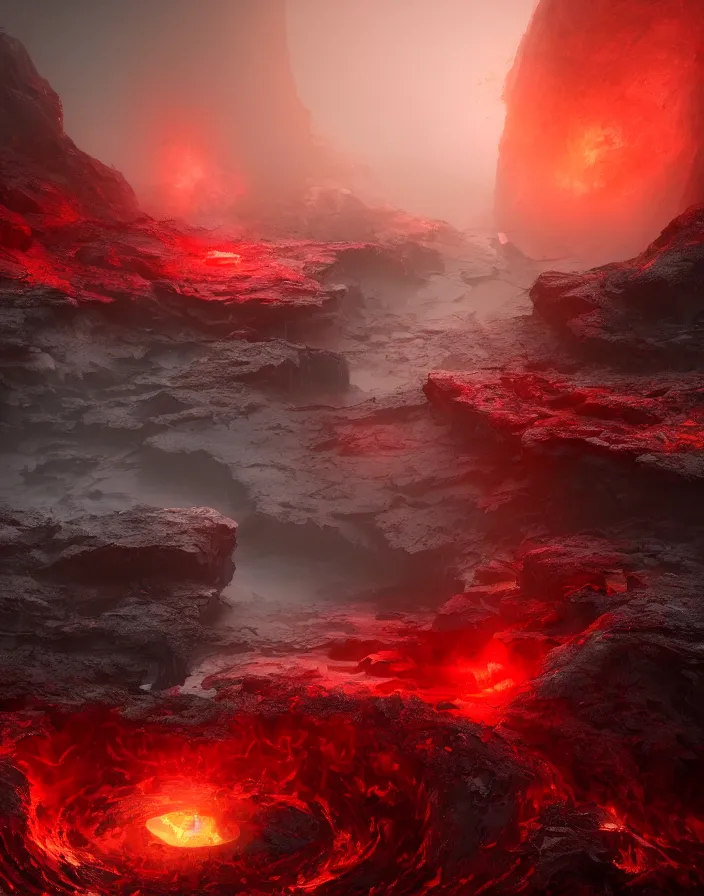 Image similar to infinity pool in hell. intricate artwork by artstation. halo. octane render, cinematic, hyper realism, octane render, 8k, depth of field, bokeh, demonic, dark, devil, demons, mist, red illuminating fog, rocks, red and black colour scheme.