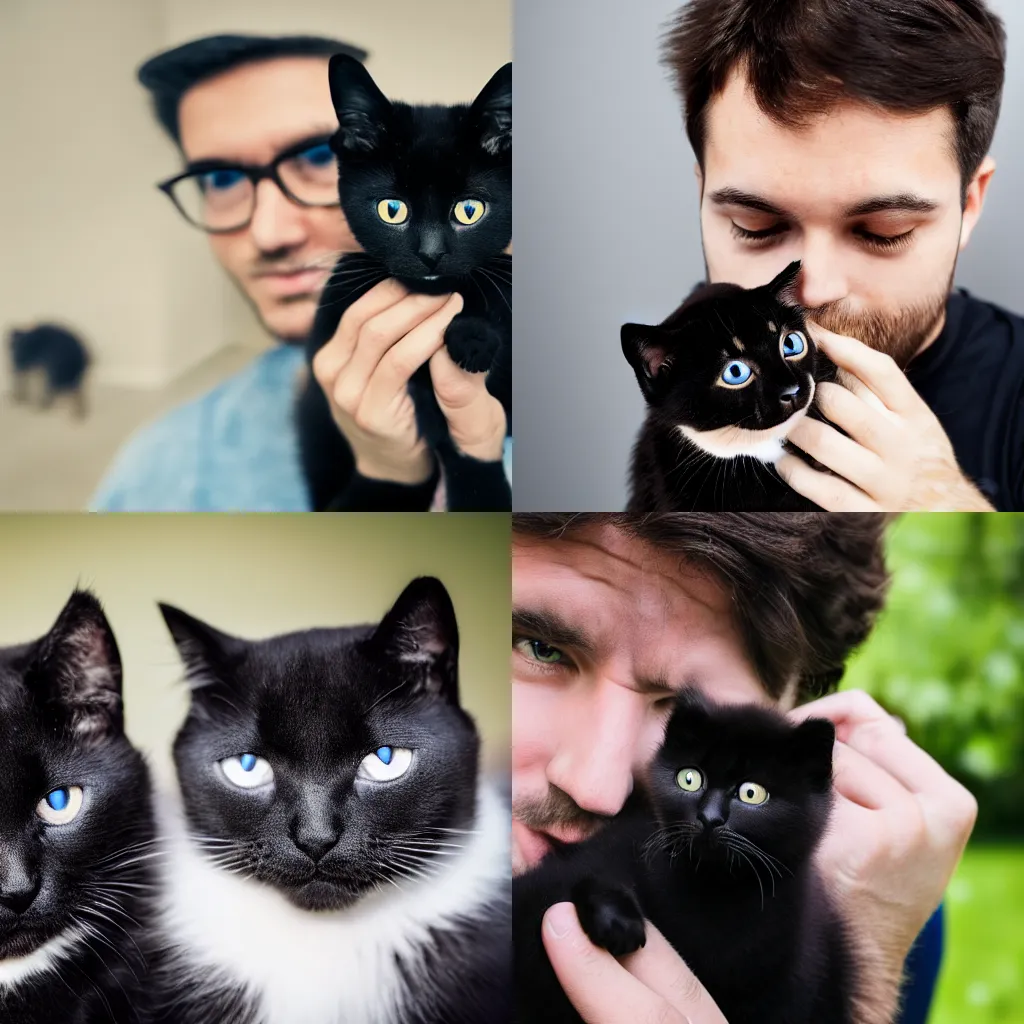 Prompt: a head and shoulders photography of a man holding two black kittens covering his face, realistic 4k