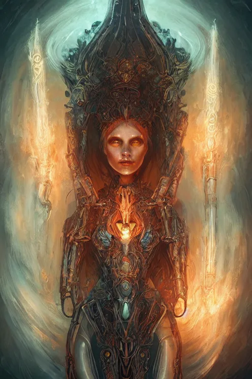 Image similar to Ethereal Beautiful Flame Goddess wearing Biomechanical Armor Imbued with Glowing Water Runes, digital art, fantasy, magic, professional illustration by Seb McKinnon, WLOP, and artgerm, illustration