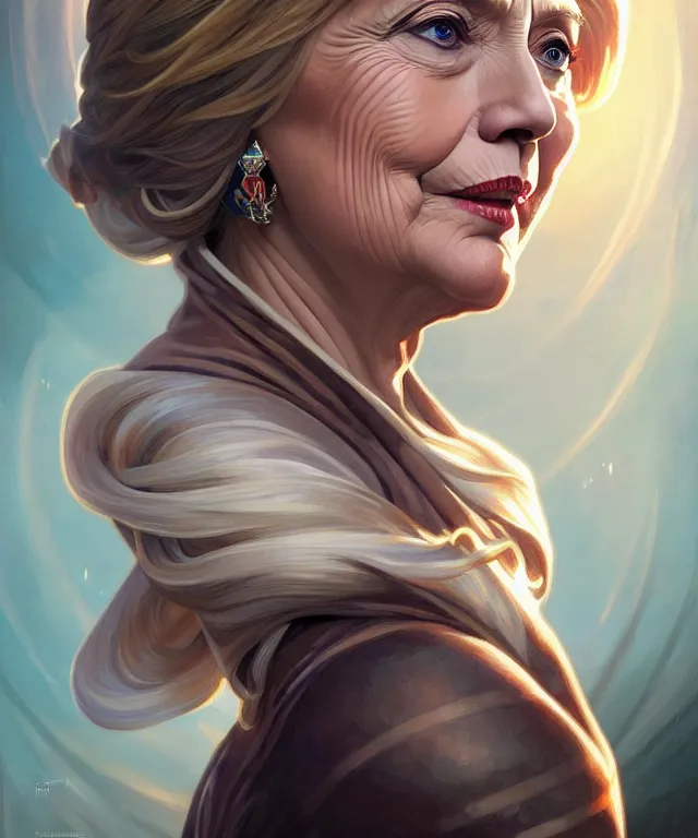 Image similar to Hillary Clinton as a fantasy magic woman portrait, sci-fi, amber eyes, face, long hair, fantasy, intricate, elegant, highly detailed, digital painting, artstation, concept art, smooth, sharp focus, illustration, art by artgerm and greg rutkowski and alphonse mucha