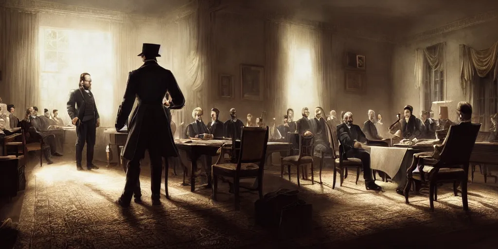 Image similar to five score years ago, a great american, in whose symbolic shadow we stand today, signed the emancipation proclamation. ultrafine colored illustration, hyperrealistic, cinematic atmosphere, intricate linework, sharp focus, octopath traveler, final fantasy, unreal engine highly rendered, global illumination, radiant light, intricate environment