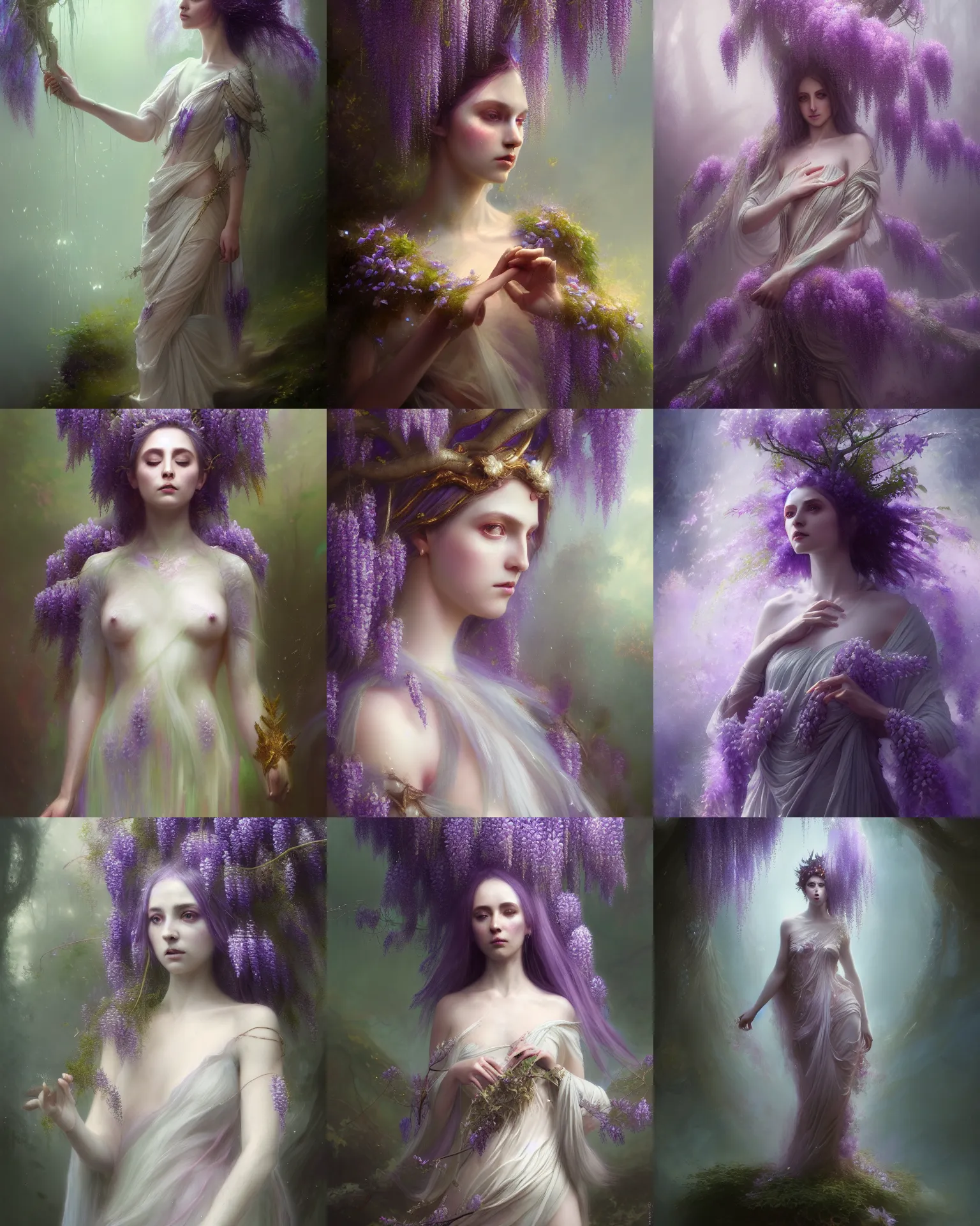 Prompt: Full View Portrait Mystical ethereal wisteria deity wearing beautiful dress, wisteria Dryad, 4k digital masterpiece by Greg Rutkowski and Ruan Jia and Alberto Seveso, fantasycore, Hyperdetailed, realistic oil on linen, soft lighting, Iconography background, featured on Artstation