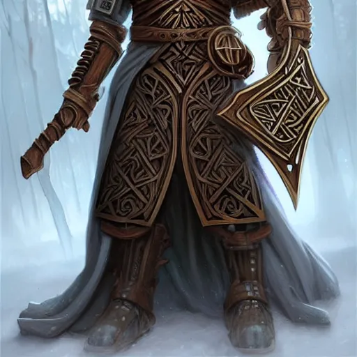 Prompt: beautiful magical warforged construct humanoid wood steel holy warrior crusader runes norse runes germanic warforged tunic hooded cloak runic, intricate, elegant, highly detailed, digital painting, artstation, concept art, smooth, sharp focus, illustration, art by artgerm and greg rutkowski and alphonse mucha and loish and wlop