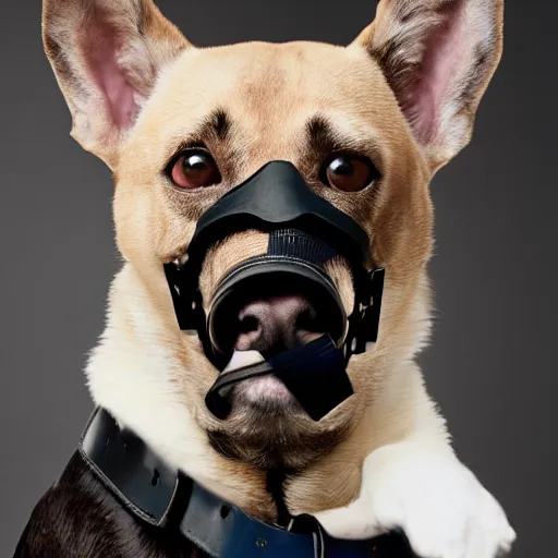 Prompt: uhd candid photo of joe biden wearing a dog muzzle, with accurate face, real dog muzzle, uhd, studio lighting, correct face, photo by annie leibovitz