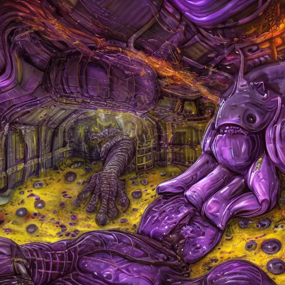 Image similar to detailed shot of inside a cavernous living stomach of a giant hot robot dragon, the walls purple and pulsing, lots of acid pooling up on the floor, digesting and dissolving a human that ended up inside, food pov, micro pov, vore, digital art, furry art, high quality, 8k 3D realistic, macro art, micro art, Furaffinity, Deviantart, Eka's Portal, G6