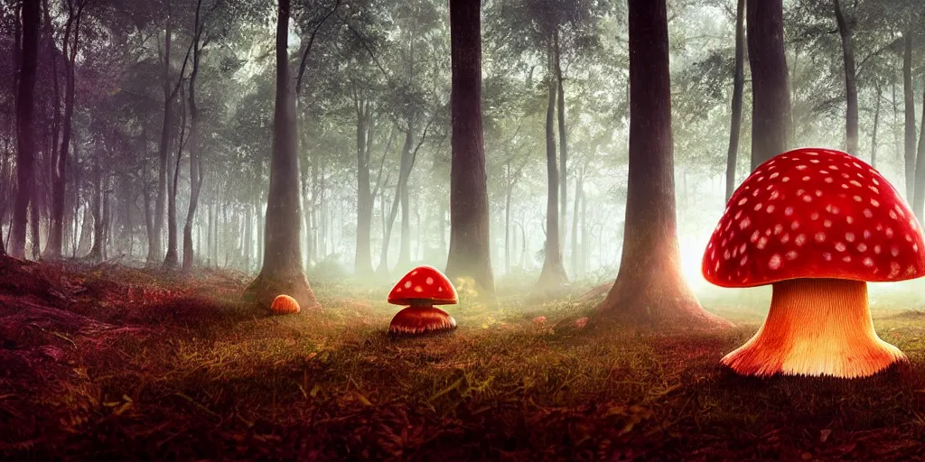 Image similar to Photo by Filip Hodas of the cinematic view of the Forest of the Giants, giant mushroom with a little transparency, some normal mushrooms on the floor, A very big red mushroom with white spots , photorealism, a few sun ray of lights falling, photo taken with canon 5D