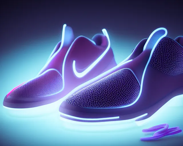 Image similar to 3D render of nike sneakers with neon laces, futuristic style, creative design, highly detailed, award winning, unreal engine 5, studio lighting, neon background