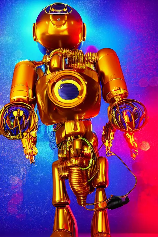 Prompt: portrait photo of a giant huge golden and blue metal humanoid steampunk robot singer with multicolored microphones and big gears and tubes, a red glowing microphone, blue headphones, eyes are glowing red lightbulbs, shiny crisp finish, 3 d render, 8 k, insaneley detailed, fluorescent colors, background is multicolored lasershow