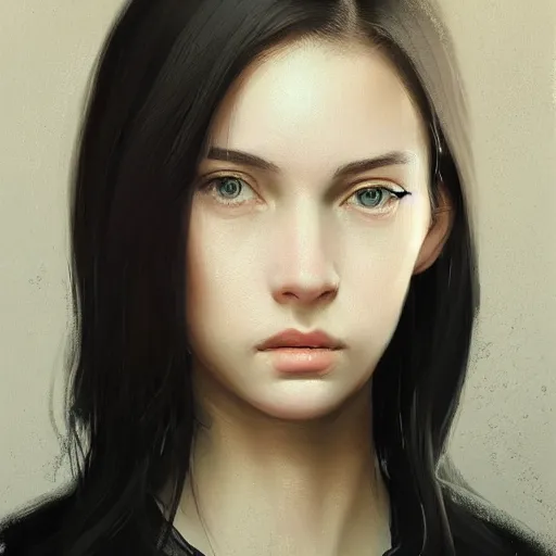 Prompt: portrait of a young woman by greg rutkowski, she is about 2 0 years old, mixture between russian and japanese, pretty, black bob hair with two strands around her face, very tall and slim, wearing a oversized jumper jumpsuit, highly detailed portrait, digital painting, artstation, concept art, smooth, sharp foccus ilustration, artstation hq