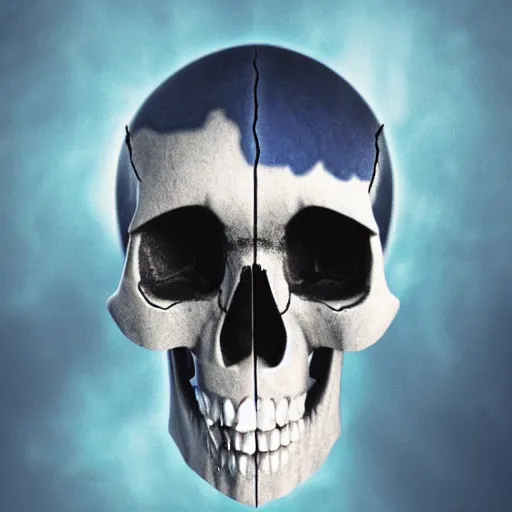 Prompt: skull and beautiful waterall through skull eyes and nose blue fog around skull head