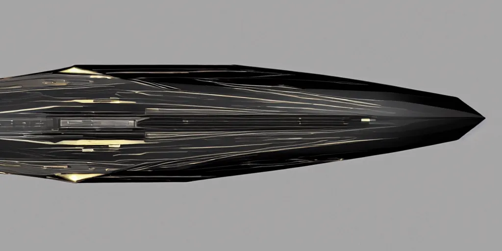 Prompt: a sleek interstellar warship in gleaming obsidian black and scintillating 24K gold designed by HP