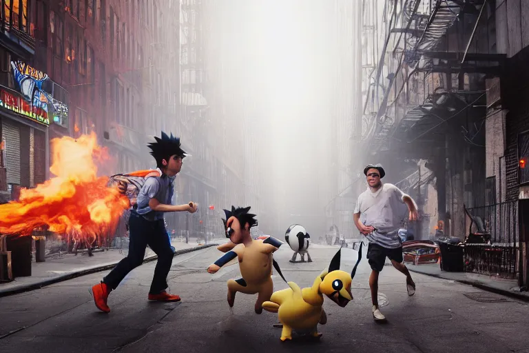 Image similar to closeup potrait of a pokemon battle in a smoky new york back street, natural light, sharp, detailed face, magazine, press, photo, Steve McCurry, David Lazar, Canon, Nikon, focus