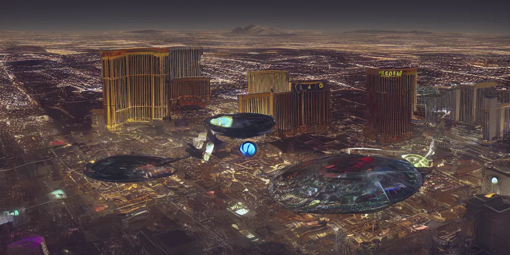 Image similar to a pfotograph of an giantic ufo over las vegas, movie poster, rule of threes, film photography, 3 d render, trending on artstation, 3 d society, futurism