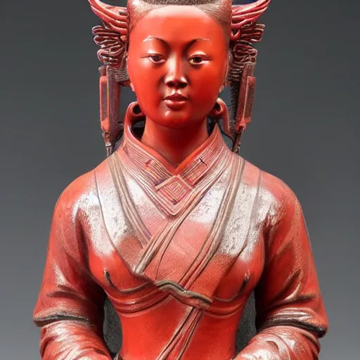 Image similar to museum angeline joile portrait statue monument made from chinese porcelain brush face hand painted with iron red dragons full - length very very detailed symmetrical well proportioned