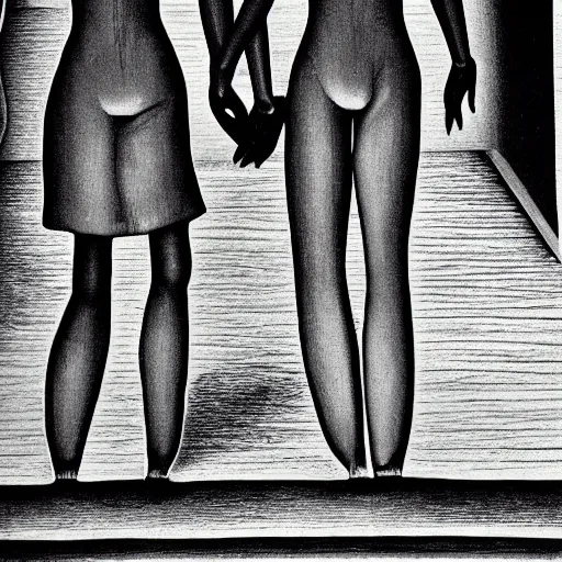 Image similar to escher print of two mannequins walking hand in hand