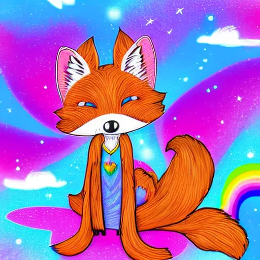 Image similar to digital art in the style of Lisa frank, depicting, anthropomorphic fox furry with their eyes closed, dreaming of pastel rainbows and happy thoughts, trending on FurAffinity