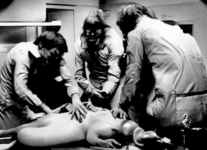 Prompt: disturbing 3 5 mm photography of a dissection of an alien in the operations room horror film practical fx by david cronenberg ridley scott 1 9 7 0