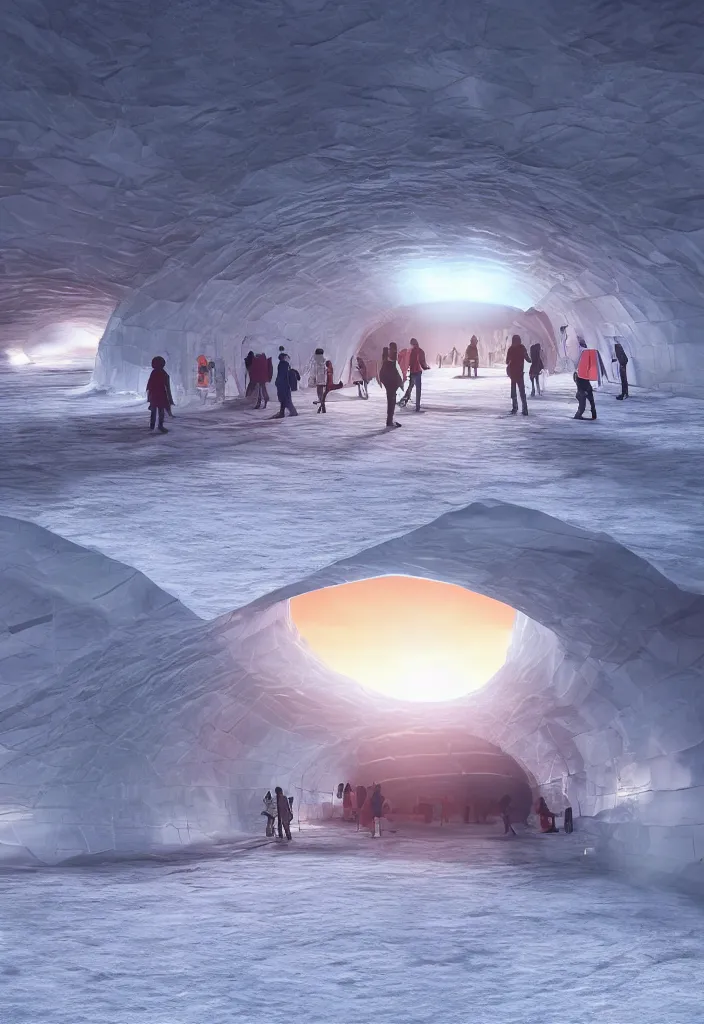 Image similar to Multiple tunnels in antartica with a transparent roof that shows a beautiful sunset, multiple people in the tunnels around campfires and futuristic igloos, facinating, fantasy digital art, octane render, beautiful composition, trending on artstation, award-winning photograph, masterpiece