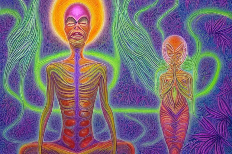 Prompt: painting of a tranquil alien made of light and glows meditating in dense forest by alex grey, acrylic art, ethereal, soothing, somber, elegant, warm light, cozy, breathtaking,