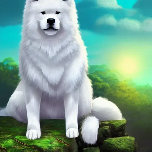 Prompt: a samoyed dog seated on a rock in a jungle!, mist, tropical trees, vines, birds, sunset!, fluffy clouds, warm colors, beautiful lighting, digital art, intricate details, trending on artstation