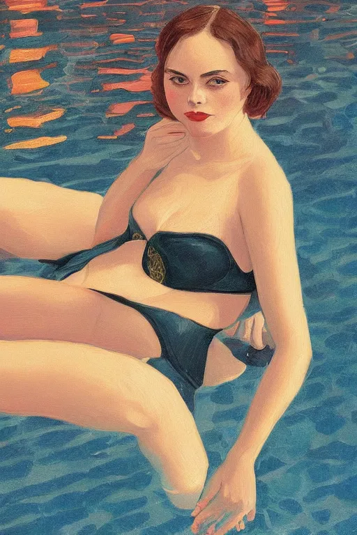 Prompt: portrait of courtesan annasophia robb, at a pool, highly detailed, artstation, illustration, John Singer Sargant, Magritte