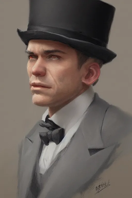 Image similar to a grey hair halfling with no beard top hat and suit by Greg Rutkowski, painting, portrait, HD, high details, trending on artstation