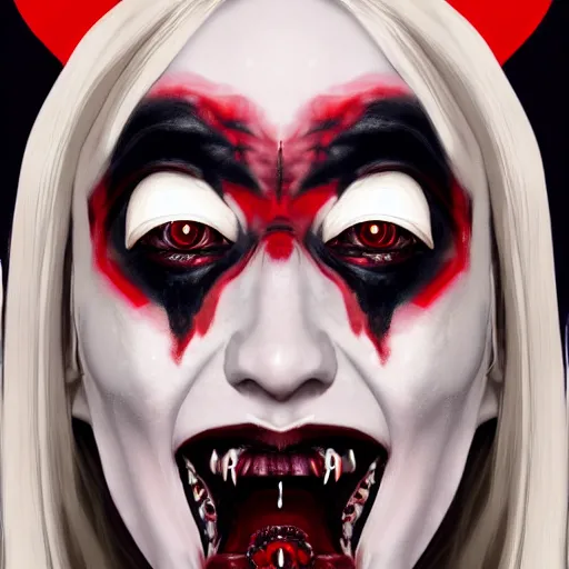 Prompt: Portrait of Gwen Stefani as the demon Asmodeus, symmetrical face, Glowing red eyes, Kubric Stare, crooked smile, highly detailed portrait, horror style, digital painting, artstation, book cover, concept art, smooth, sharp focus ilustration, Artstation HQ