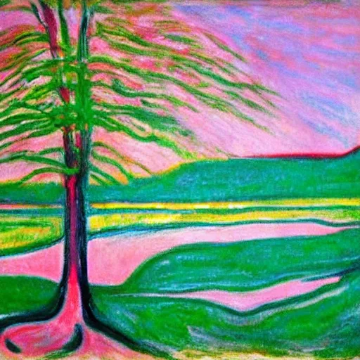 Image similar to Pink tree beside a large lake, landscape in the style of Edvard Munch