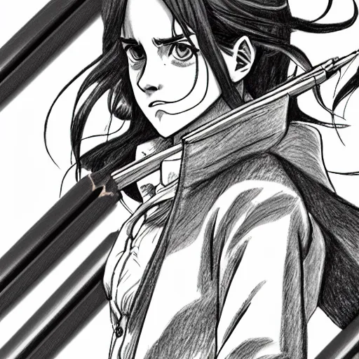 Image similar to a very detailed pencil drawing of emma watson in demon slayer manga panel 4 k, high resolution, still, landscape, hd, dslr, hyper realistic, manga, beautiful