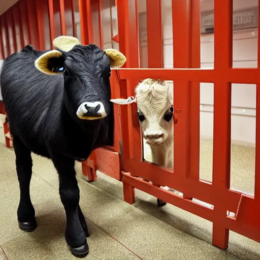 Image similar to cute calf with big eyes dressed as an inmate inside a jailcell